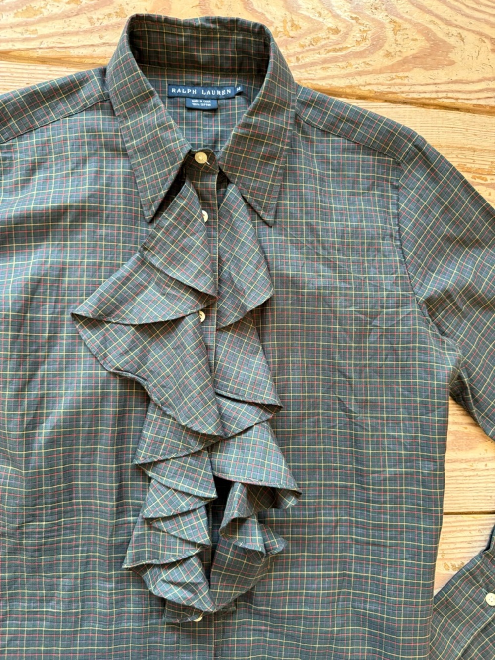 Ralph Lauren Blue Label glen cotton plaid ruffle front button-up blouse size m